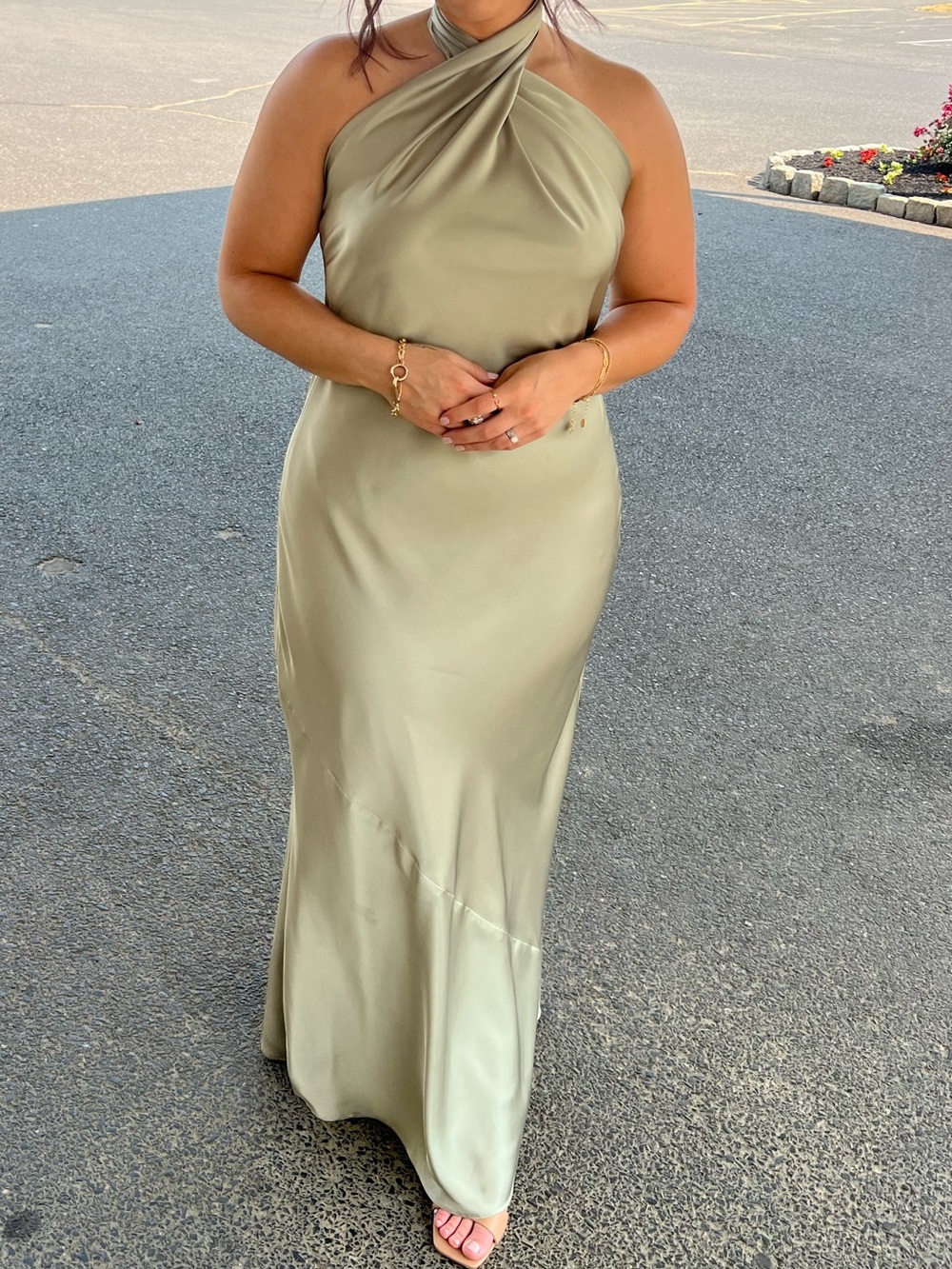 SHOW ME YOUR MUMU - MEDIUM Jasmine Halter Dress In Moss Green Luxe Satin